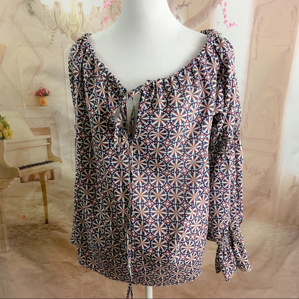 Denny Rose Tassel Geometric Print Blouse